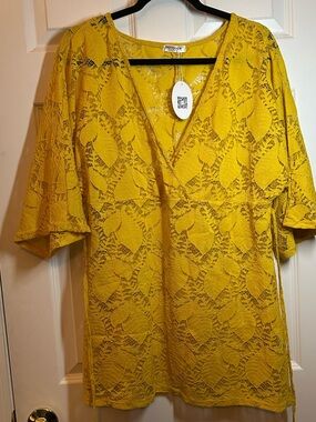 NWTS Hotouch Yellow Lace V-Neck Women's Swim Coverup Sz S